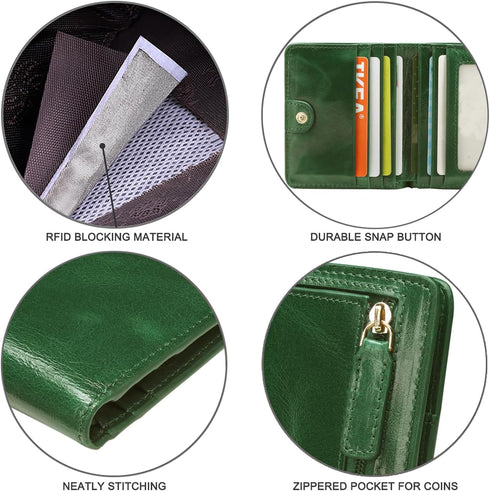 Itslife Women's Rfid Blocking Small Compact Bifold Leather Pocket Wallet Ladies Mini Purse with id Window (Waxed Dark Green)...